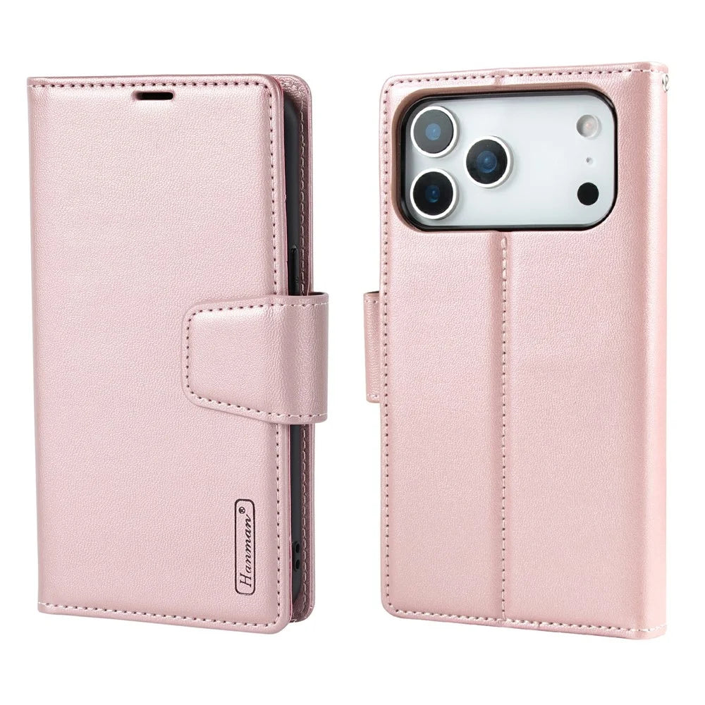 HANMAN For iPhone 17 Pro Wallet Case Magnetic Detachable 2-in-1 PU Leather Phone Stand Cover - Rose Gold - 1