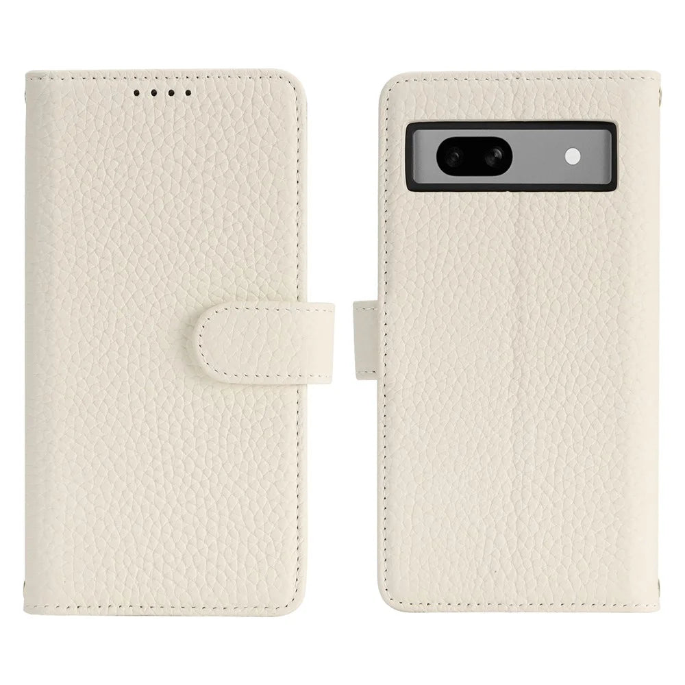 For Google Pixel 8a Stand Case Litchi Texture Genuine Cow Leather Wallet Phone Cover RFID Blocking - White - 1