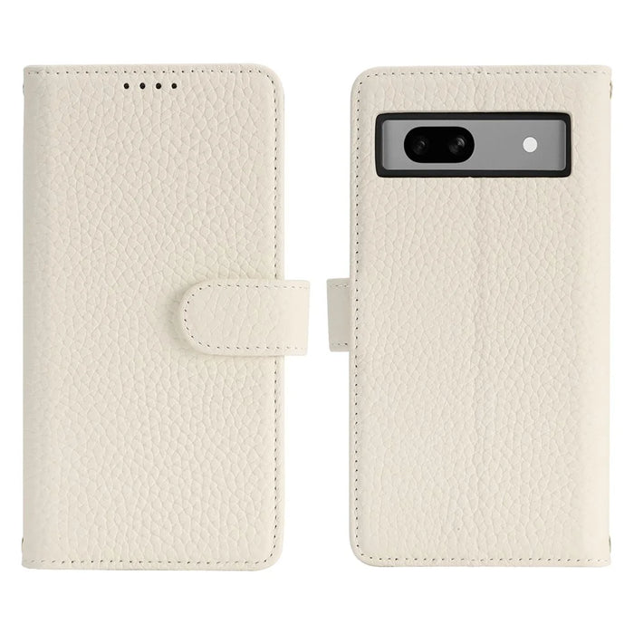 For Google Pixel 8a Stand Case Litchi Texture Genuine Cow Leather Wallet Phone Cover RFID Blocking - White - 1