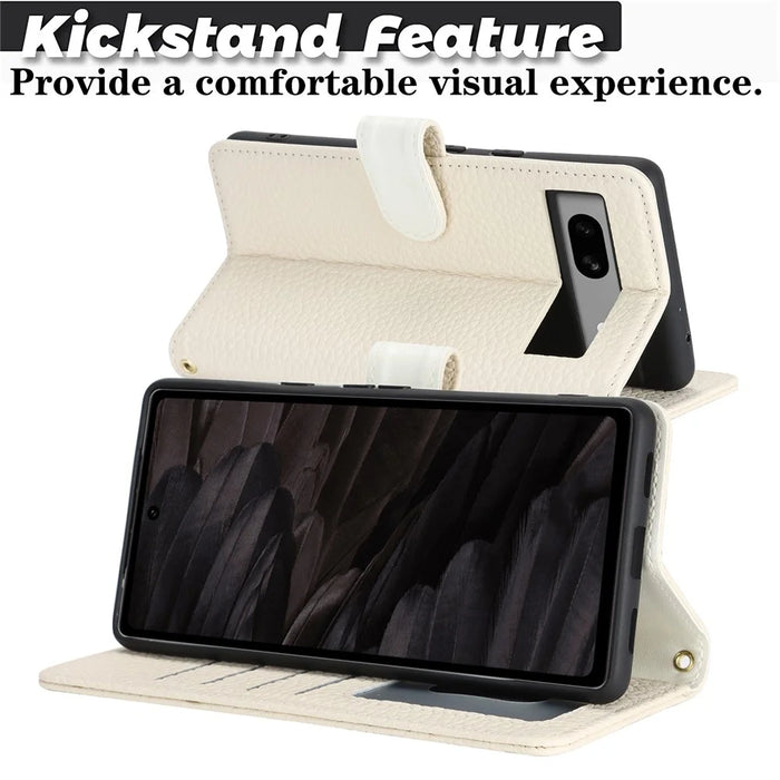 For Google Pixel 8a Stand Case Litchi Texture Genuine Cow Leather Wallet Phone Cover RFID Blocking - White - 3