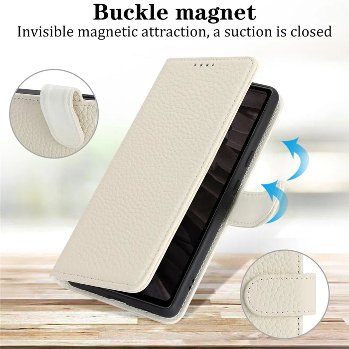 For Google Pixel 8a Stand Case Litchi Texture Genuine Cow Leather Wallet Phone Cover RFID Blocking - White - 5