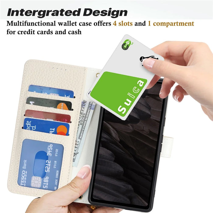 For Google Pixel 8a Stand Case Litchi Texture Genuine Cow Leather Wallet Phone Cover RFID Blocking - White - 7