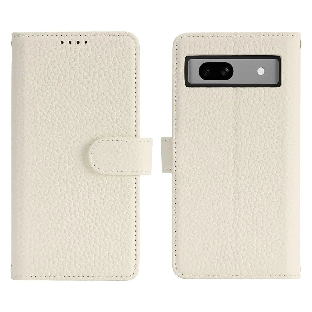 For Google Pixel 7a Stand Case Litchi Texture Genuine Cow Leather Wallet Phone Cover RFID Blocking - White - 1