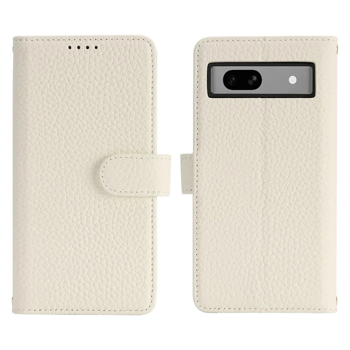 For Google Pixel 7a Stand Case Litchi Texture Genuine Cow Leather Wallet Phone Cover RFID Blocking - White - 1