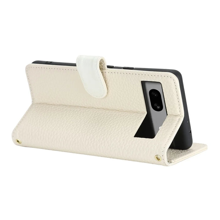 For Google Pixel 7a Stand Case Litchi Texture Genuine Cow Leather Wallet Phone Cover RFID Blocking - White - 3