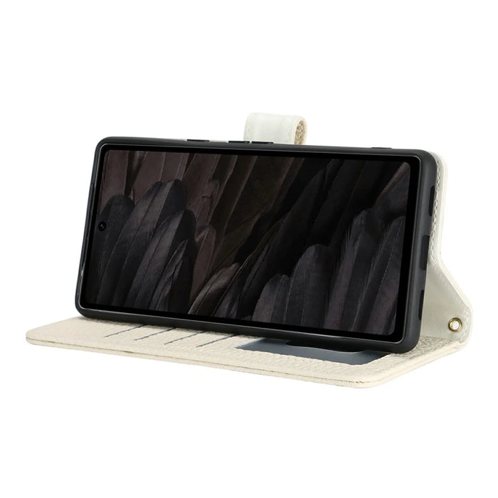 For Google Pixel 7a Stand Case Litchi Texture Genuine Cow Leather Wallet Phone Cover RFID Blocking - White - 4