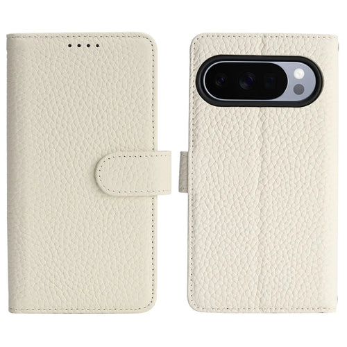 Stand Case For Google Pixel 10  /  Pixel 10 Pro Litchi Texture Genuine Cow Leather Wallet Phone Cover RFID Blocking - White - 1