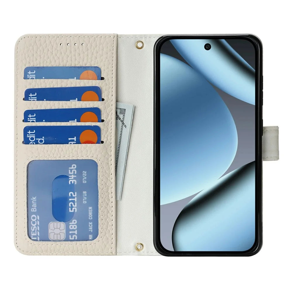 Stand Case For Google Pixel 10  /  Pixel 10 Pro Litchi Texture Genuine Cow Leather Wallet Phone Cover RFID Blocking - White - 2