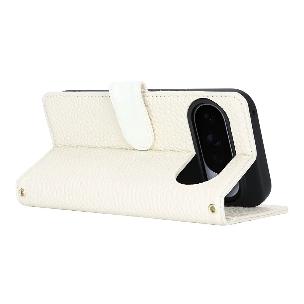 Stand Case For Google Pixel 10  /  Pixel 10 Pro Litchi Texture Genuine Cow Leather Wallet Phone Cover RFID Blocking - White - 4