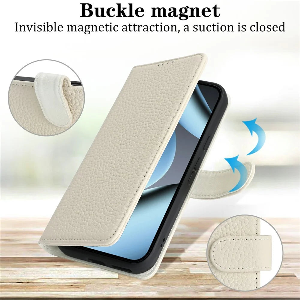 Stand Case For Google Pixel 10  /  Pixel 10 Pro Litchi Texture Genuine Cow Leather Wallet Phone Cover RFID Blocking - White - 7
