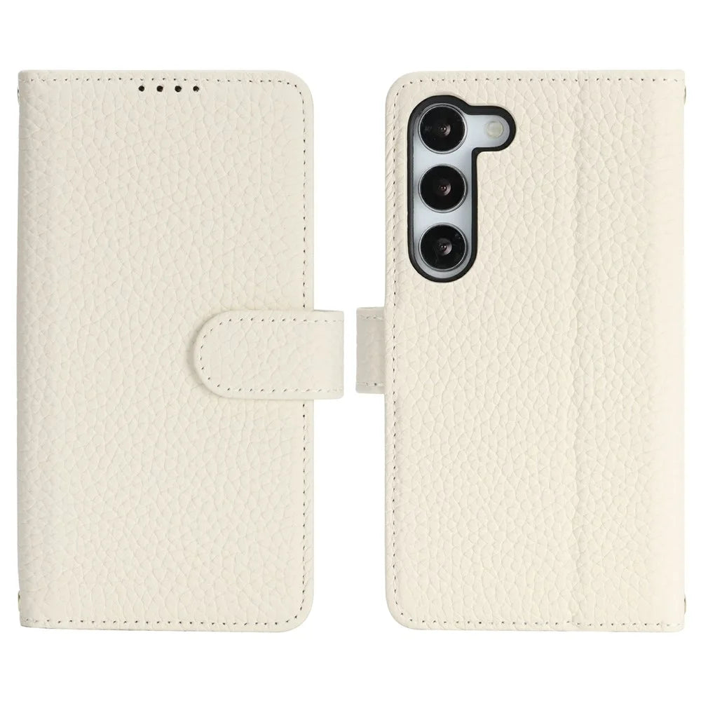 For Samsung Galaxy S23 Stand Case Litchi Texture Genuine Cow Leather Wallet Phone Cover RFID Blocking - White - 1
