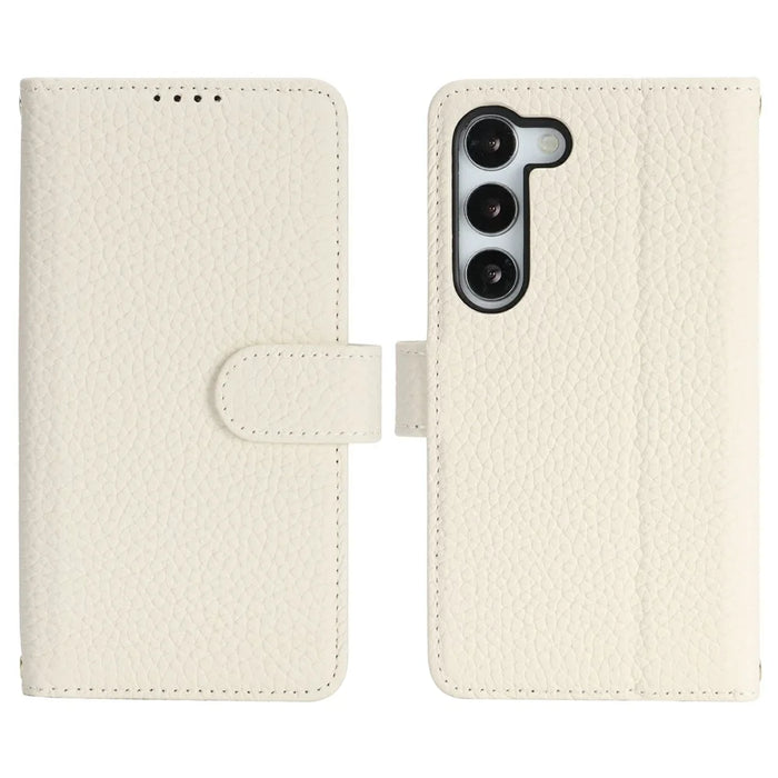 For Samsung Galaxy S23 Stand Case Litchi Texture Genuine Cow Leather Wallet Phone Cover RFID Blocking - White - 1