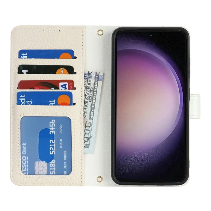 For Samsung Galaxy S23 Stand Case Litchi Texture Genuine Cow Leather Wallet Phone Cover RFID Blocking - White - 2