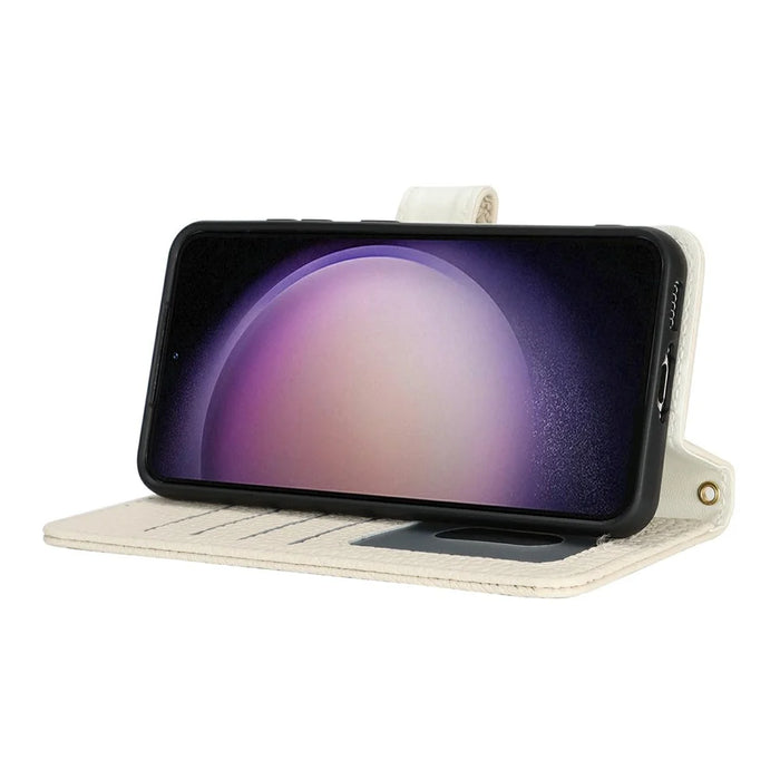 For Samsung Galaxy S23 Stand Case Litchi Texture Genuine Cow Leather Wallet Phone Cover RFID Blocking - White - 4