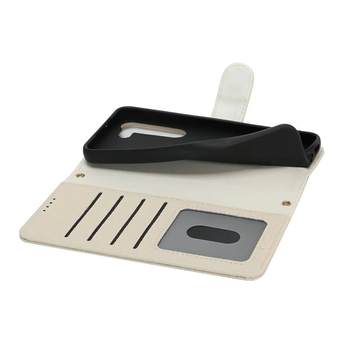 For Samsung Galaxy S23 Stand Case Litchi Texture Genuine Cow Leather Wallet Phone Cover RFID Blocking - White - 5
