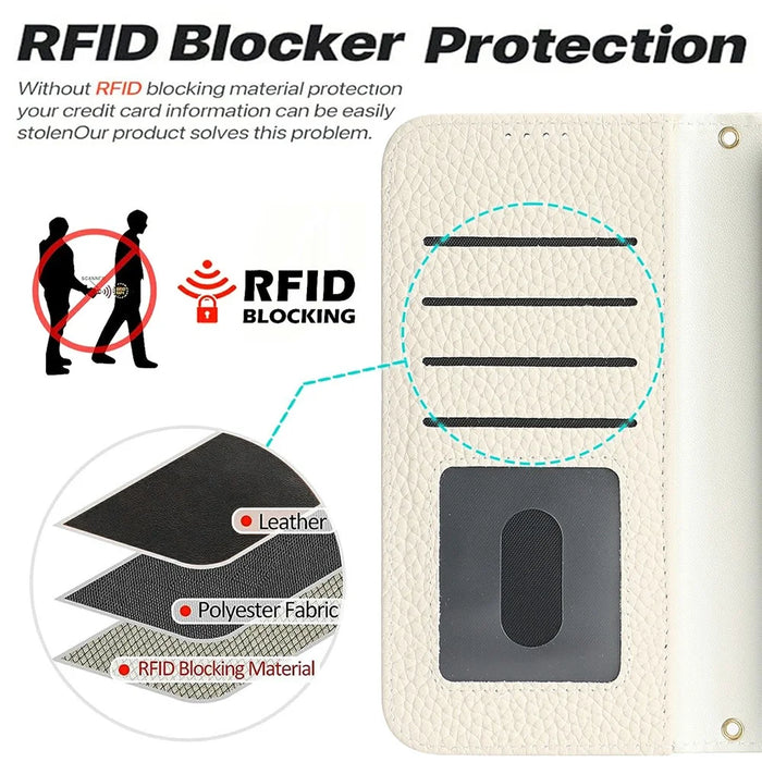For Samsung Galaxy S23 Stand Case Litchi Texture Genuine Cow Leather Wallet Phone Cover RFID Blocking - White - 6