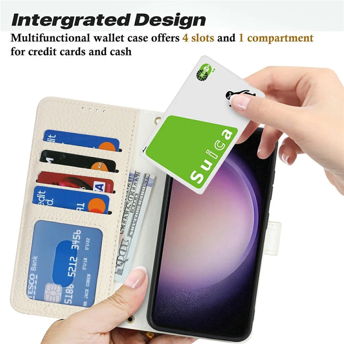 For Samsung Galaxy S23 Stand Case Litchi Texture Genuine Cow Leather Wallet Phone Cover RFID Blocking - White - 7