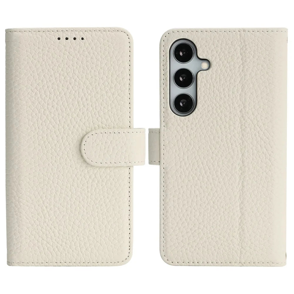 For Samsung Galaxy S24 Stand Case Litchi Texture Genuine Cow Leather Wallet Phone Cover RFID Blocking - White - 1