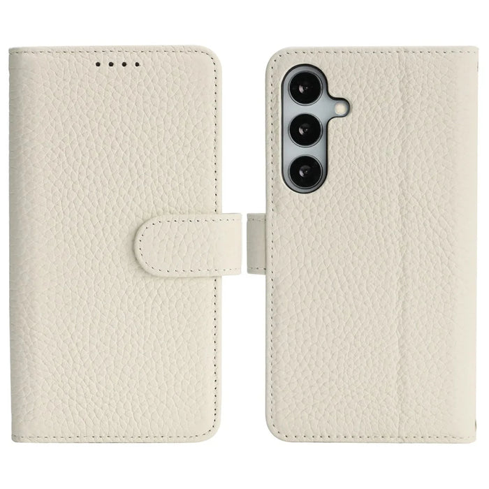 For Samsung Galaxy S24 Stand Case Litchi Texture Genuine Cow Leather Wallet Phone Cover RFID Blocking - White - 1