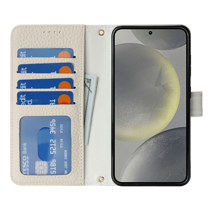 For Samsung Galaxy S24 Stand Case Litchi Texture Genuine Cow Leather Wallet Phone Cover RFID Blocking - White - 2