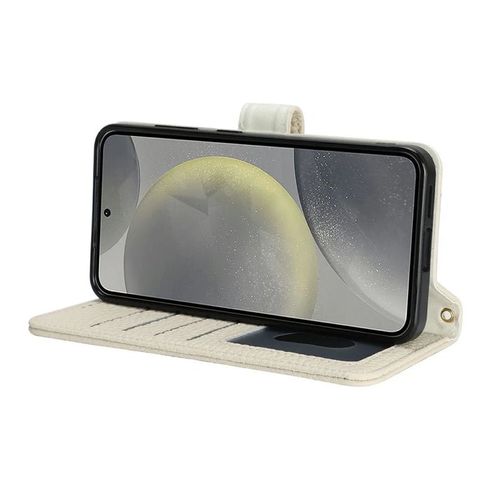 For Samsung Galaxy S24 Stand Case Litchi Texture Genuine Cow Leather Wallet Phone Cover RFID Blocking - White - 4