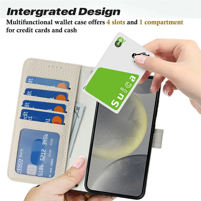 For Samsung Galaxy S24 Stand Case Litchi Texture Genuine Cow Leather Wallet Phone Cover RFID Blocking - White - 7