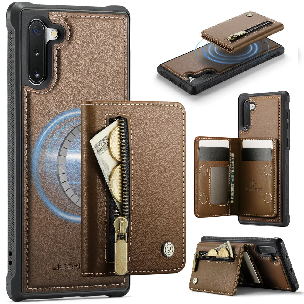JEEHOOD For Samsung Galaxy Note 10 4G Case  J12 Magnetic Detachable Zipper Wallet Kickstand Leather Back Cover Magnetic Case - Brown - 1