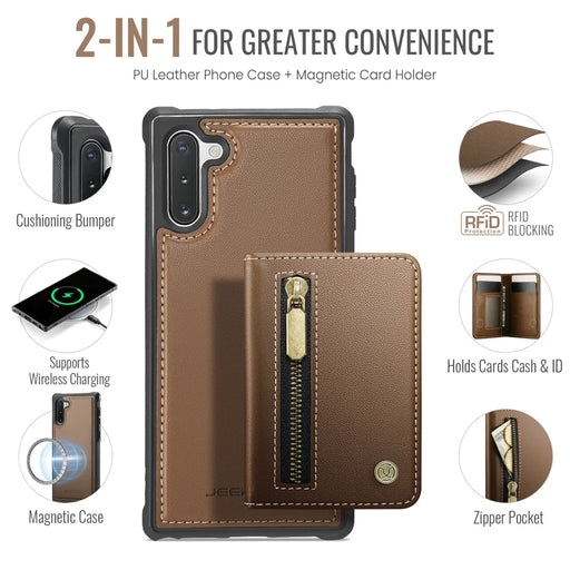 JEEHOOD For Samsung Galaxy Note 10 4G Case  J12 Magnetic Detachable Zipper Wallet Kickstand Leather Back Cover Magnetic Case - Brown - 2