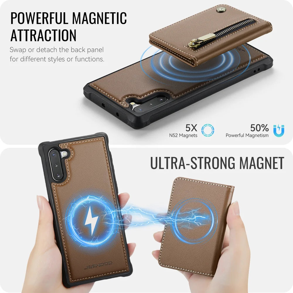 JEEHOOD For Samsung Galaxy Note 10 4G Case  J12 Magnetic Detachable Zipper Wallet Kickstand Leather Back Cover Magnetic Case - Brown - 3