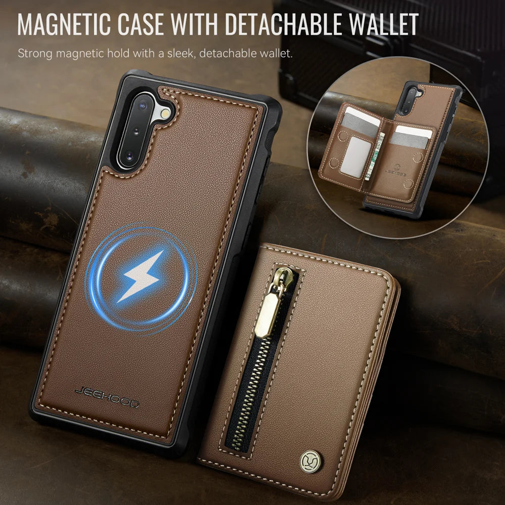 JEEHOOD For Samsung Galaxy Note 10 4G Case  J12 Magnetic Detachable Zipper Wallet Kickstand Leather Back Cover Magnetic Case - Brown - 4