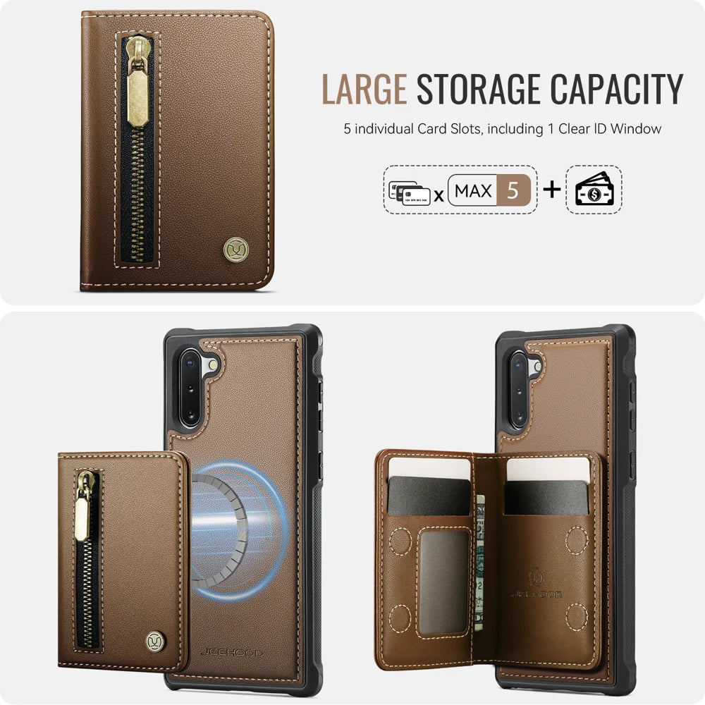 JEEHOOD For Samsung Galaxy Note 10 4G Case  J12 Magnetic Detachable Zipper Wallet Kickstand Leather Back Cover Magnetic Case - Brown - 5