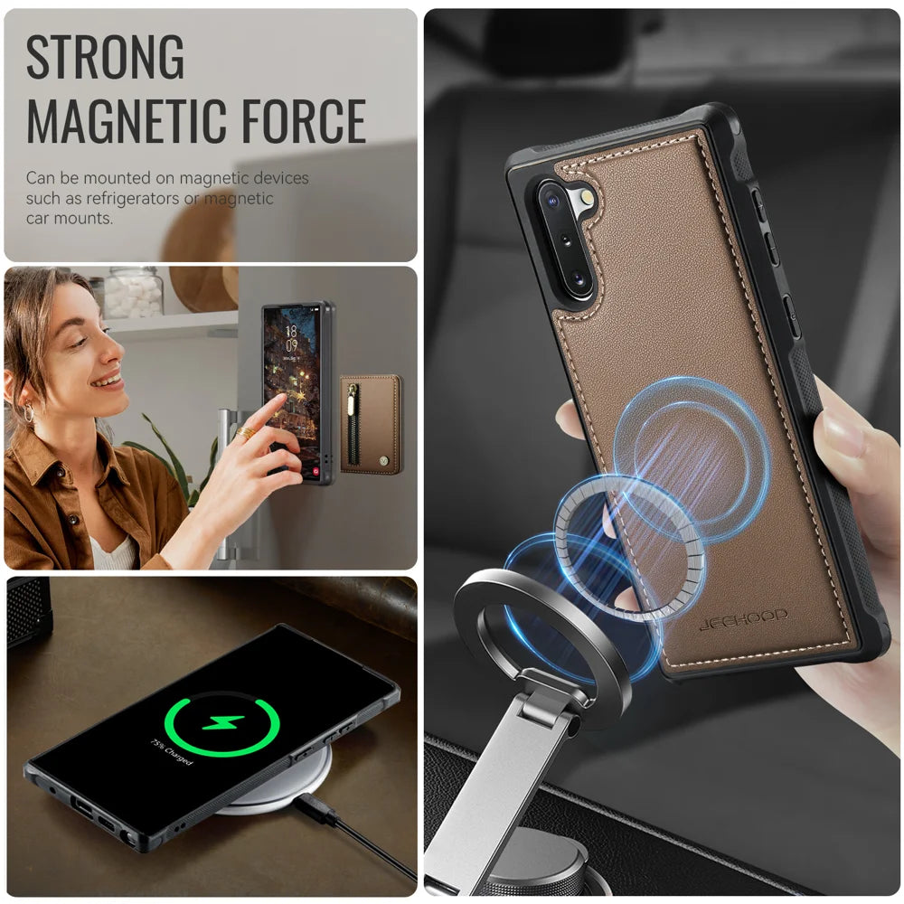 JEEHOOD For Samsung Galaxy Note 10 4G Case  J12 Magnetic Detachable Zipper Wallet Kickstand Leather Back Cover Magnetic Case - Brown - 6