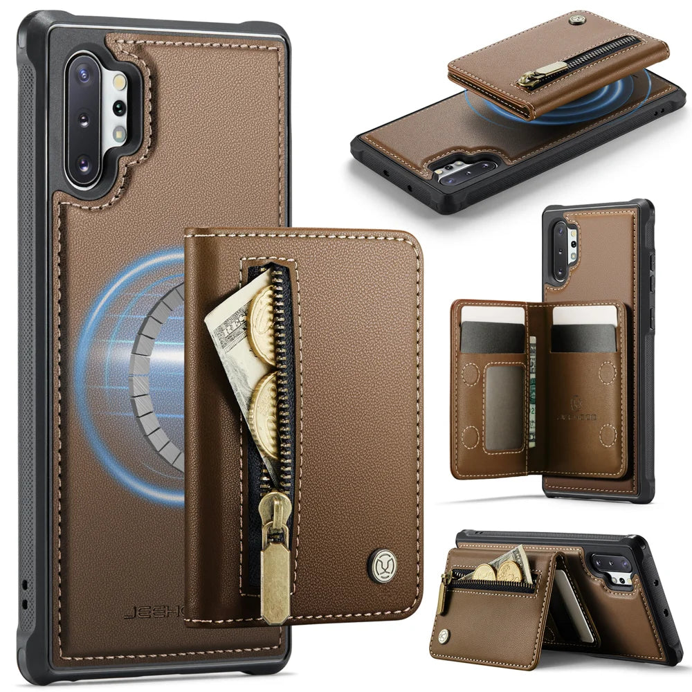JEEHOOD For Samsung Galaxy Note 10 Plus 4G Case  J12 Magnetic Detachable Zipper Wallet Kickstand Leather Back Cover Magnetic Case - Brown - 1