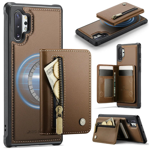 JEEHOOD For Samsung Galaxy Note 10 Plus 4G Case  J12 Magnetic Detachable Zipper Wallet Kickstand Leather Back Cover Magnetic Case - Brown - 1