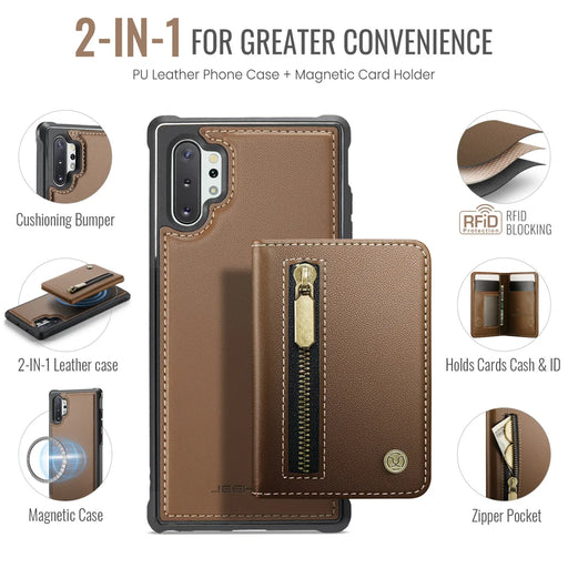 JEEHOOD For Samsung Galaxy Note 10 Plus 4G Case  J12 Magnetic Detachable Zipper Wallet Kickstand Leather Back Cover Magnetic Case - Brown - 2