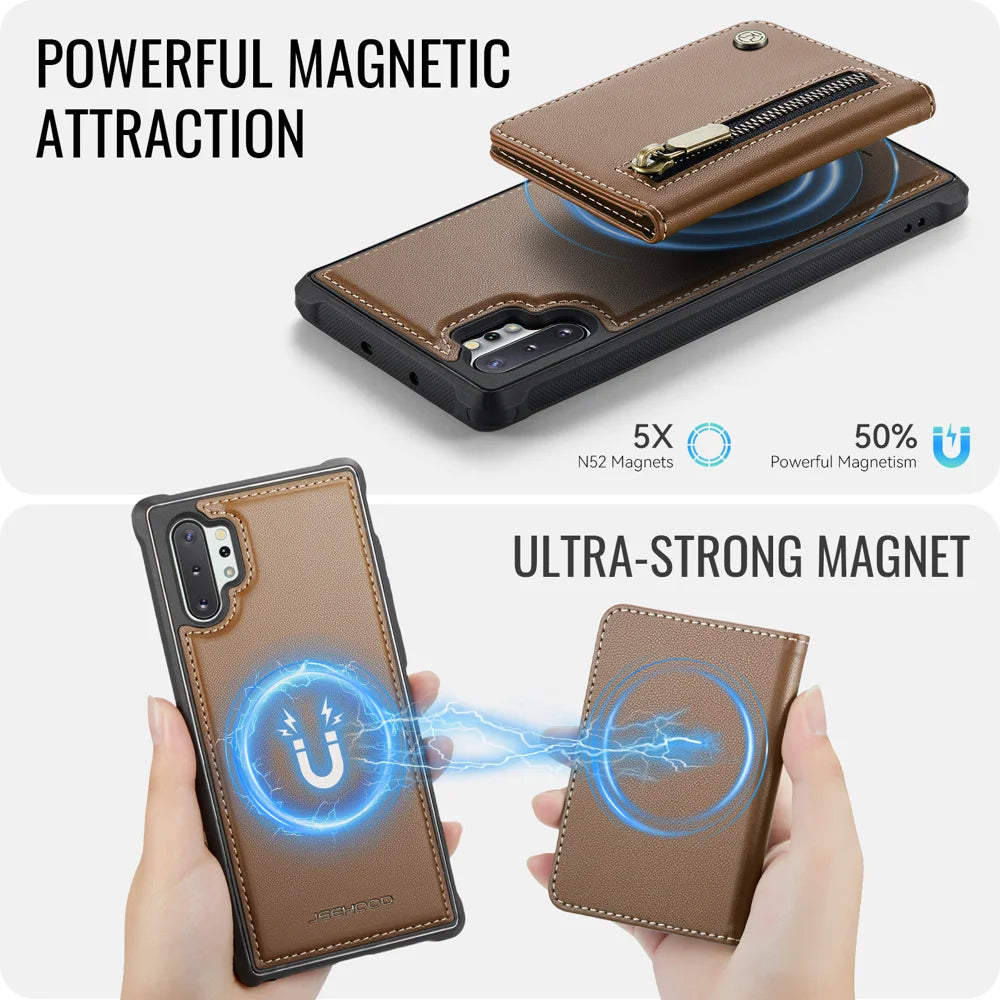JEEHOOD For Samsung Galaxy Note 10 Plus 4G Case  J12 Magnetic Detachable Zipper Wallet Kickstand Leather Back Cover Magnetic Case - Brown - 3
