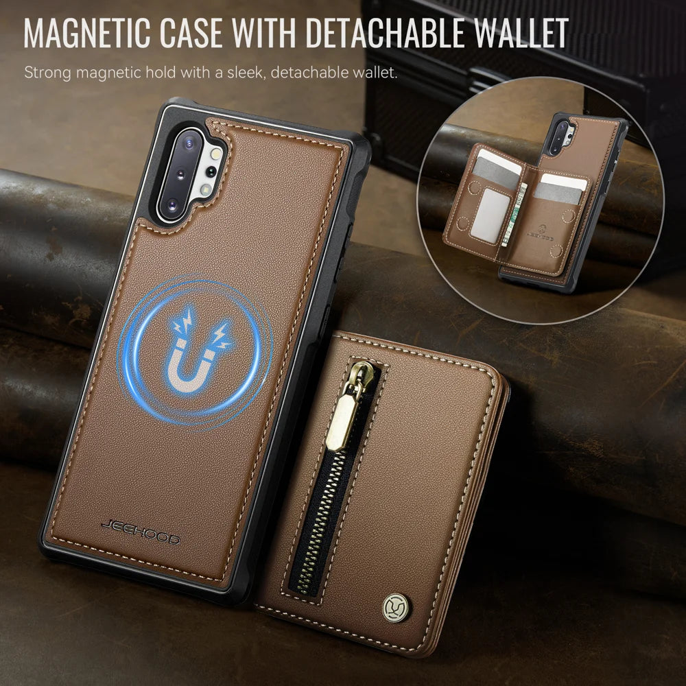 JEEHOOD For Samsung Galaxy Note 10 Plus 4G Case  J12 Magnetic Detachable Zipper Wallet Kickstand Leather Back Cover Magnetic Case - Brown - 4