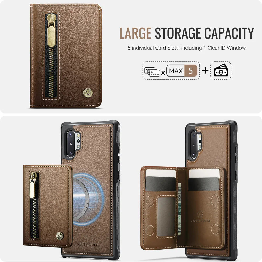 JEEHOOD For Samsung Galaxy Note 10 Plus 4G Case  J12 Magnetic Detachable Zipper Wallet Kickstand Leather Back Cover Magnetic Case - Brown - 5