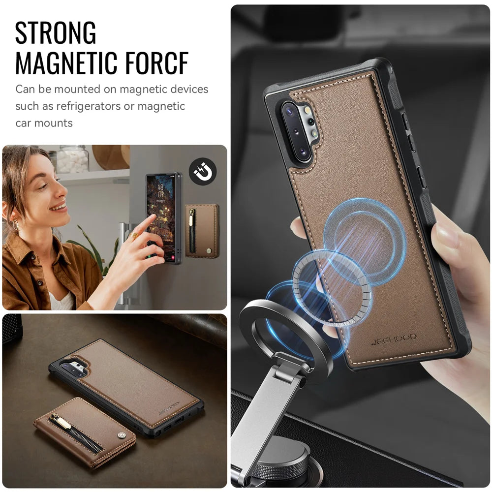 JEEHOOD For Samsung Galaxy Note 10 Plus 4G Case  J12 Magnetic Detachable Zipper Wallet Kickstand Leather Back Cover Magnetic Case - Brown - 6