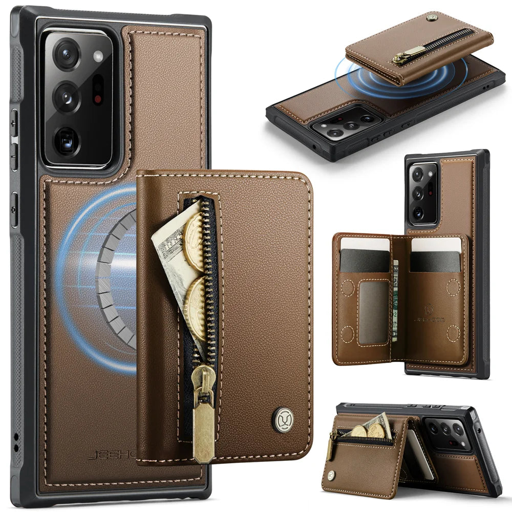 JEEHOOD For Samsung Galaxy Note20 Ultra Case  J12 Magnetic Detachable Zipper Wallet Kickstand Leather Back Cover Magnetic Case - Brown - 1