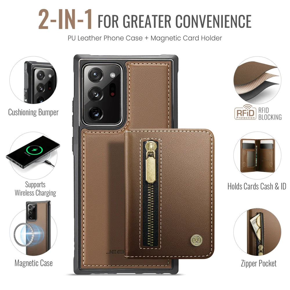 JEEHOOD For Samsung Galaxy Note20 Ultra Case  J12 Magnetic Detachable Zipper Wallet Kickstand Leather Back Cover Magnetic Case - Brown - 2