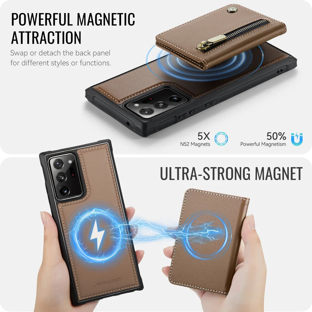 JEEHOOD For Samsung Galaxy Note20 Ultra Case  J12 Magnetic Detachable Zipper Wallet Kickstand Leather Back Cover Magnetic Case - Brown - 3