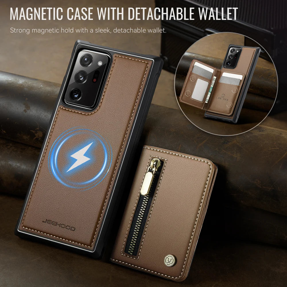 JEEHOOD For Samsung Galaxy Note20 Ultra Case  J12 Magnetic Detachable Zipper Wallet Kickstand Leather Back Cover Magnetic Case - Brown - 4