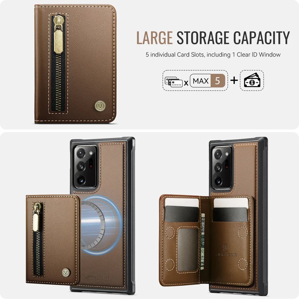 JEEHOOD For Samsung Galaxy Note20 Ultra Case  J12 Magnetic Detachable Zipper Wallet Kickstand Leather Back Cover Magnetic Case - Brown - 5