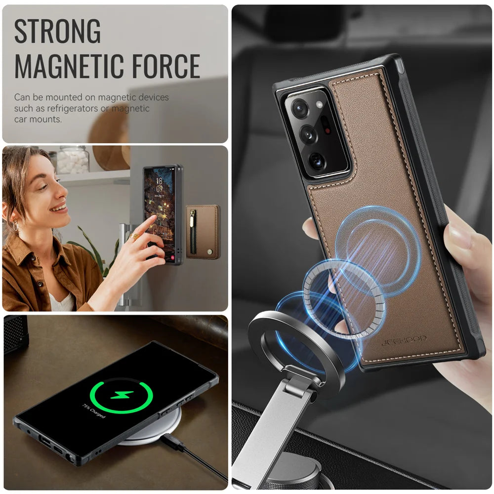 JEEHOOD For Samsung Galaxy Note20 Ultra Case  J12 Magnetic Detachable Zipper Wallet Kickstand Leather Back Cover Magnetic Case - Brown - 6