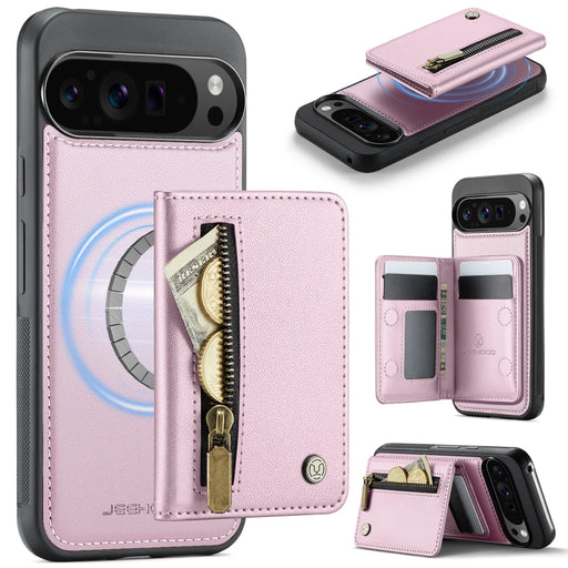JEEHOOD For Google Pixel 10 Pro XL Case  J12 Magnetic Detachable Zipper Wallet Kickstand Leather Back Cover Magnetic Case - Pink - 1