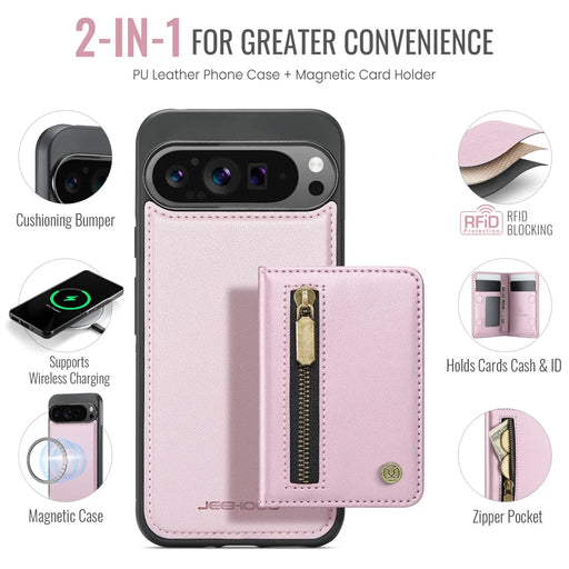 JEEHOOD For Google Pixel 10 Pro XL Case  J12 Magnetic Detachable Zipper Wallet Kickstand Leather Back Cover Magnetic Case - Pink - 2