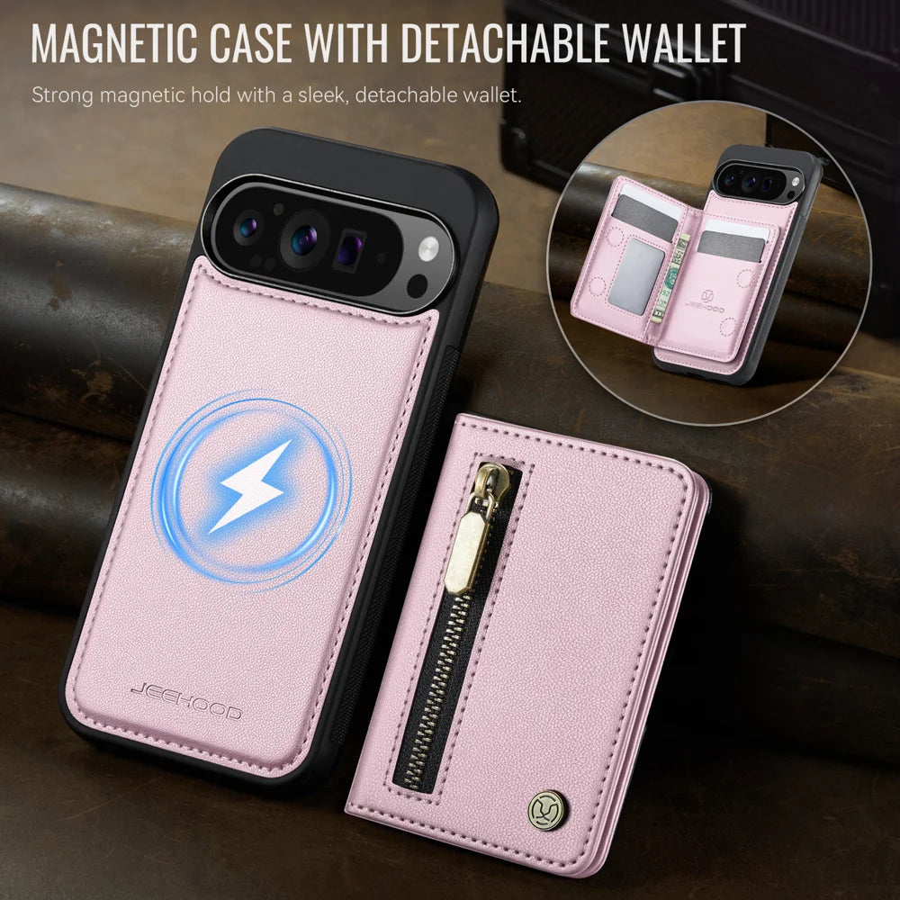 JEEHOOD For Google Pixel 10 Pro XL Case  J12 Magnetic Detachable Zipper Wallet Kickstand Leather Back Cover Magnetic Case - Pink - 4