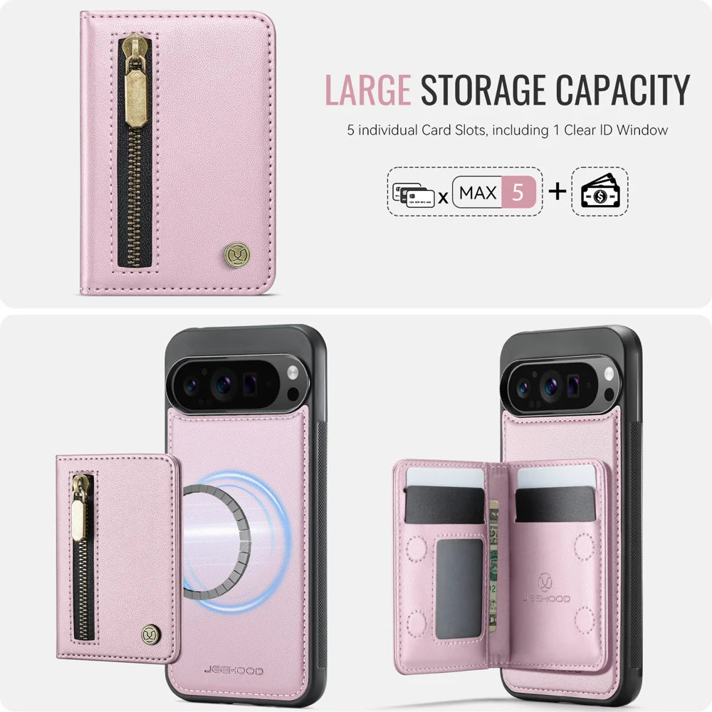 JEEHOOD For Google Pixel 10 Pro XL Case  J12 Magnetic Detachable Zipper Wallet Kickstand Leather Back Cover Magnetic Case - Pink - 5