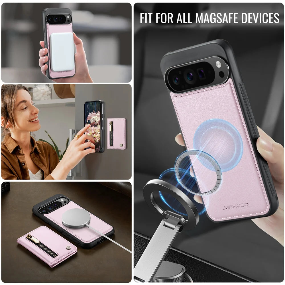 JEEHOOD For Google Pixel 10 Pro XL Case  J12 Magnetic Detachable Zipper Wallet Kickstand Leather Back Cover Magnetic Case - Pink - 6